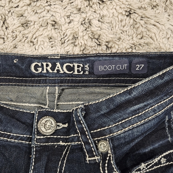 Grace SZ 27 Y2K Med Wash Low Rise Embellished Boot Cut Biker Rodeo Denim Jeans - Picture 4 of 11